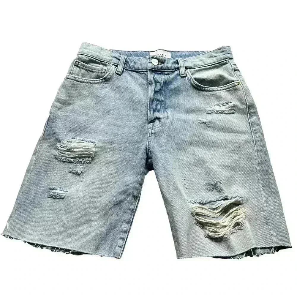 FRAME LE SLOUCH LIGHT WASH DISTRESSED DENIM JEAN BERMUDA WOMEN’S SHORTS•SIZE 24•